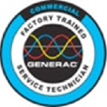 A black circle with the white block letter word "Generac" slightly below the horizontal center, with three equivalently sized wave plots - one yellow, one blue, and one red, about a third of a wavelength out of phase with each other. A white horizontal line goes through the center of the amplitude of each wave, about two-fifths of the way down from the top of the black circle. The black circle is surrounded by a white ring (or concentric white circle slightly larger and behind the black one) with the black text "Factory trained" along the top edge and "service technician" along the bottom edge. This white ring is surrounded by a blue ring of about equivalent width as the white one, with a black band along the top from about 30 degrees to the left and right of center. Within the black band is the blue word "commercial". The overall effect is a badge that says "Commercial Factory Trained Generac Service Technician"