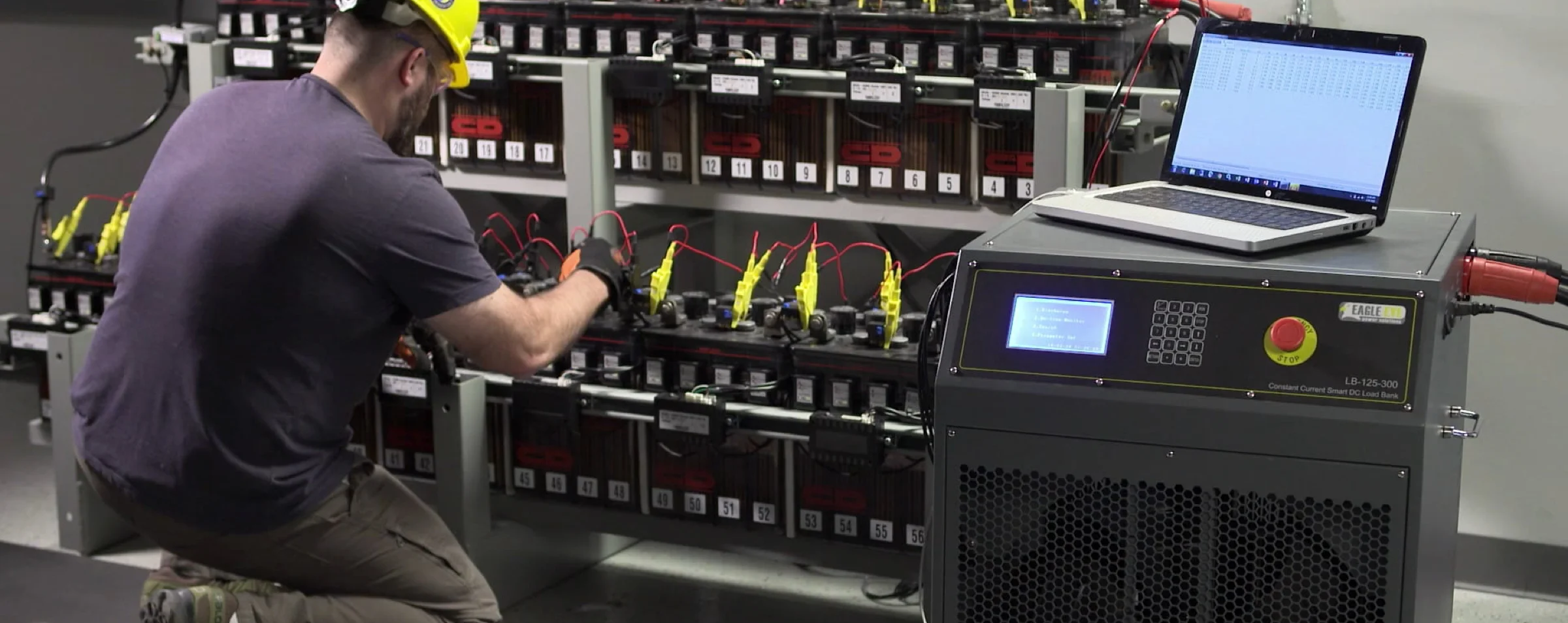 photo of a technician connecting clamp leads to a device with a readout.