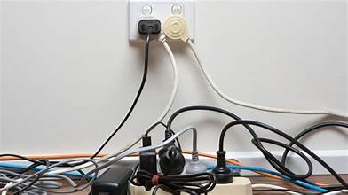 image of an extension cord plugged into an outlet that already has two other cords attached. The extension cord has five things plugged into it