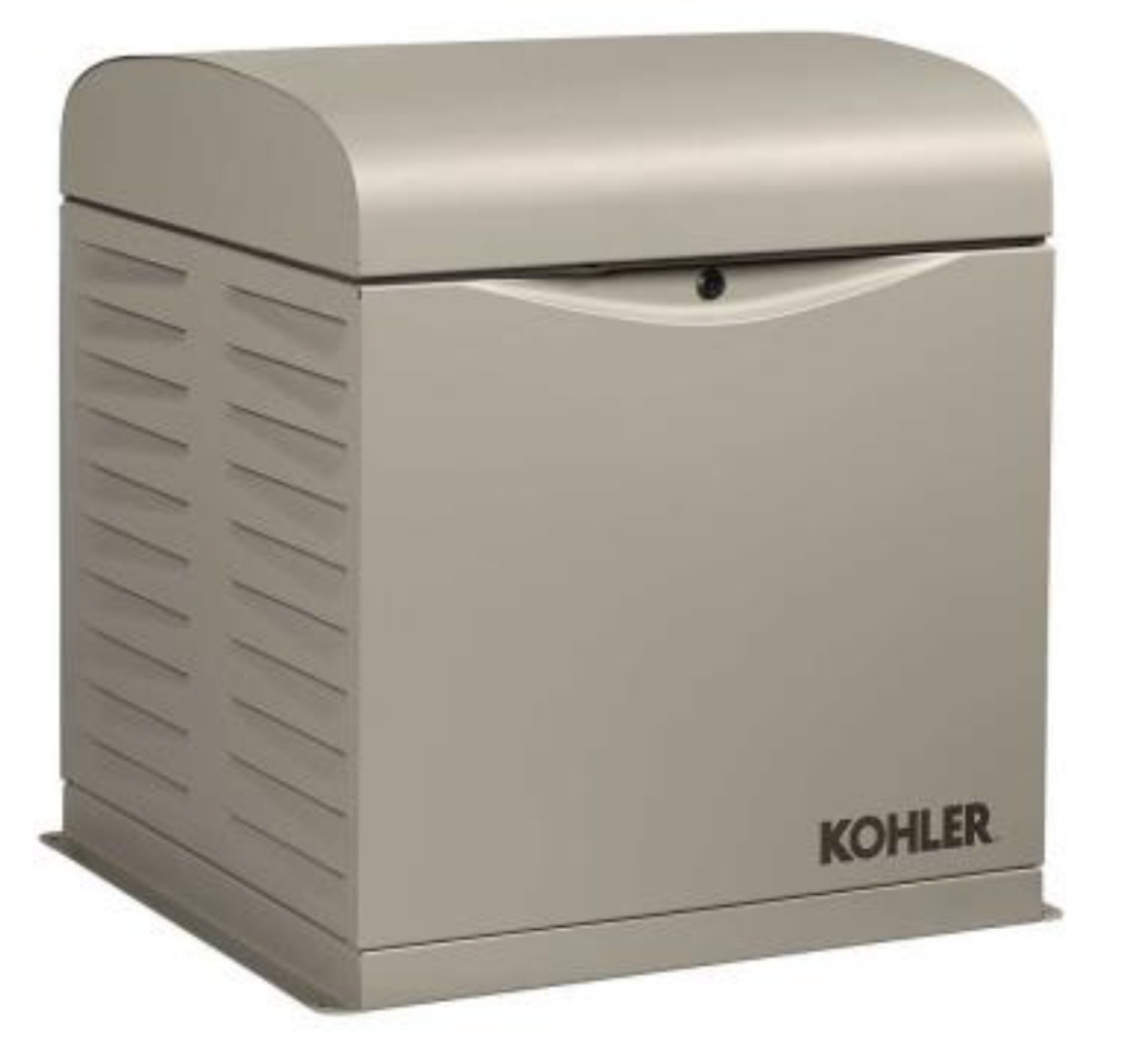 photo of a 10 to 12 kilowatt Kohler residential generator chassis. it is rectangular with a slightly domed lid, beige in color, with a vented left panel and the Kohler logo on the bottom right of the front panel