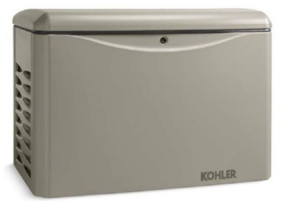 photo of a 14 kilowatt Kohler residential generator chassis. it is rectangular with a slightly beveled edged lid, beige in color, with a vented left panel and the Kohler logo on the bottom right of the front panel