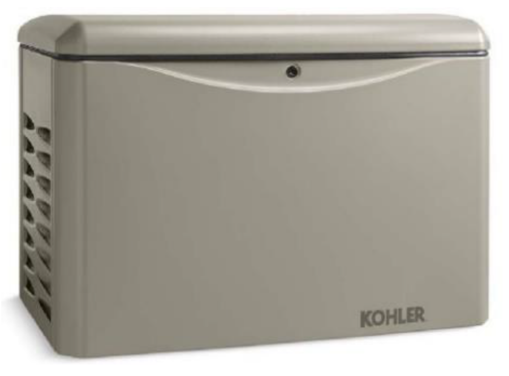 photo of a 20 kilowatt Kohler residential generator chassis. it is rectangular with a slightly beveled edged lid, beige in color, with a vented left panel and the Kohler logo on the bottom right of the front panel