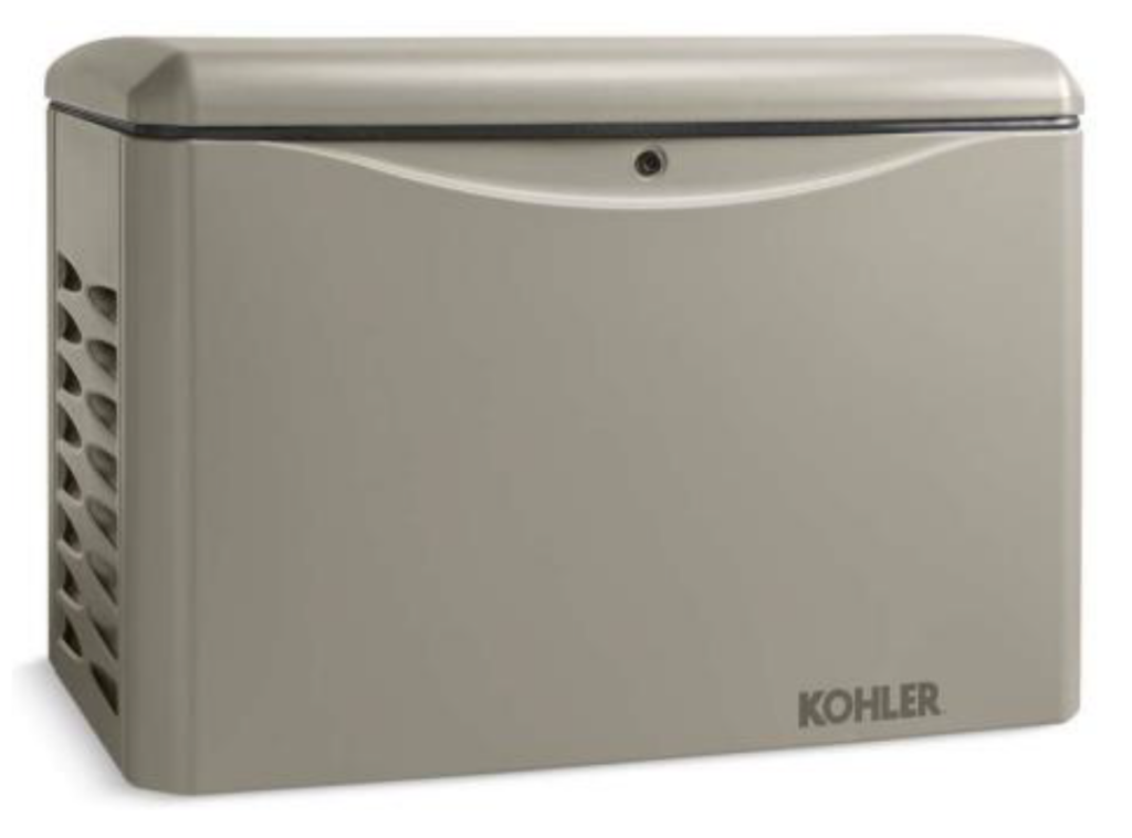 photo of a 26 kilowatt Kohler residential generator chassis. it is rectangular with a slightly beveled edged lid, beige in color, with a vented left panel and the Kohler logo on the bottom right of the front panel