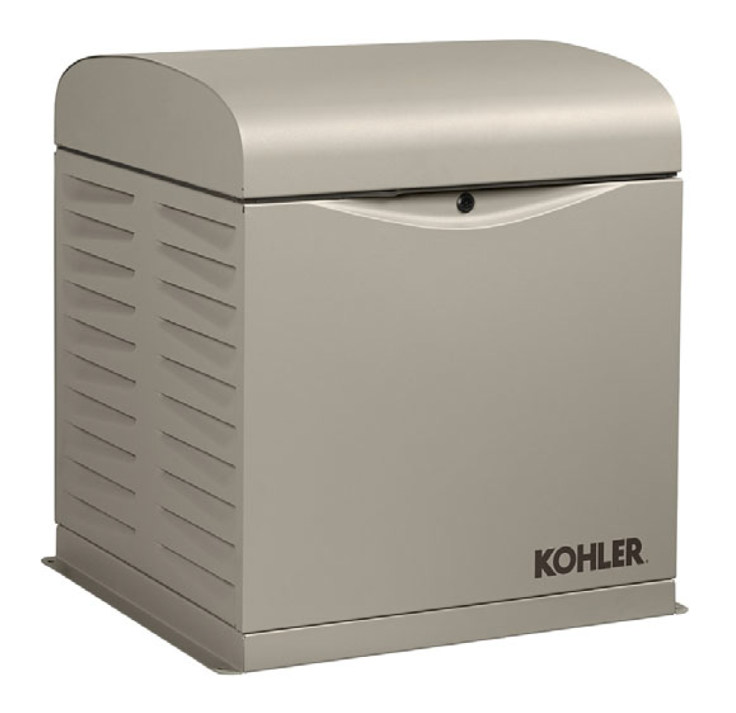 photo of an 8 kilowatt Kohler residential generator chassis. it is rectangular with a slightly domed lid, beige in color, with a vented left panel and the Kohler logo on the bottom right of the front panel