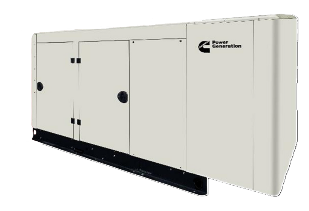 photo of a Cummins Quiet Connect commercial generator enclosure. It is rectangular with a tan colored exterior and the Cummins logo on the upper right corner of the front of the chassis. The front of the chassis has a pair of french doors which are closed in the photo.