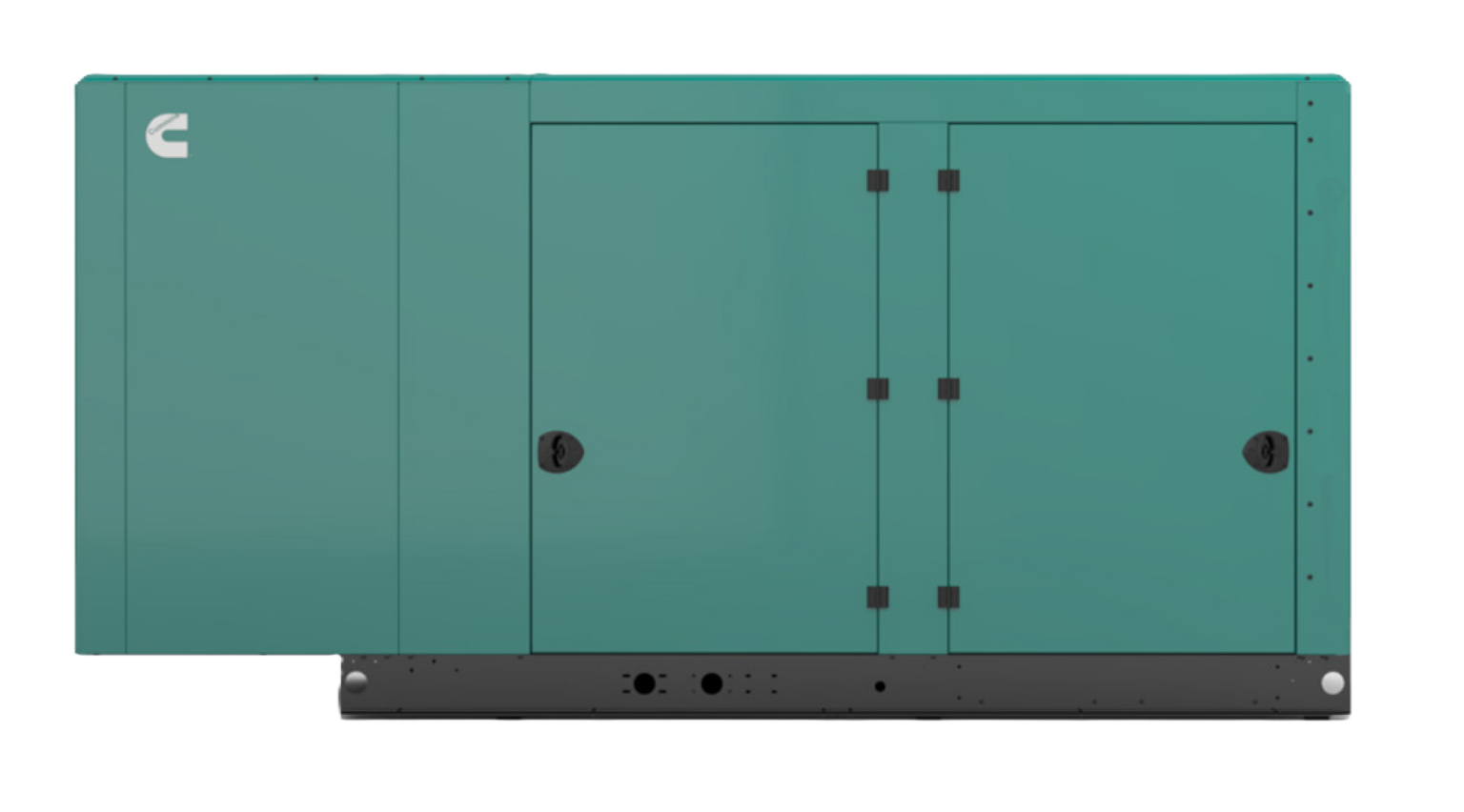 photo of a Cummins Quiet Connect commercial generator enclosure. It is rectangular with a peacock green colored exterior and the Cummins logo on the upper right corner of the front of the chassis. The front of the chassis has a pair of french doors which are closed in the photo.