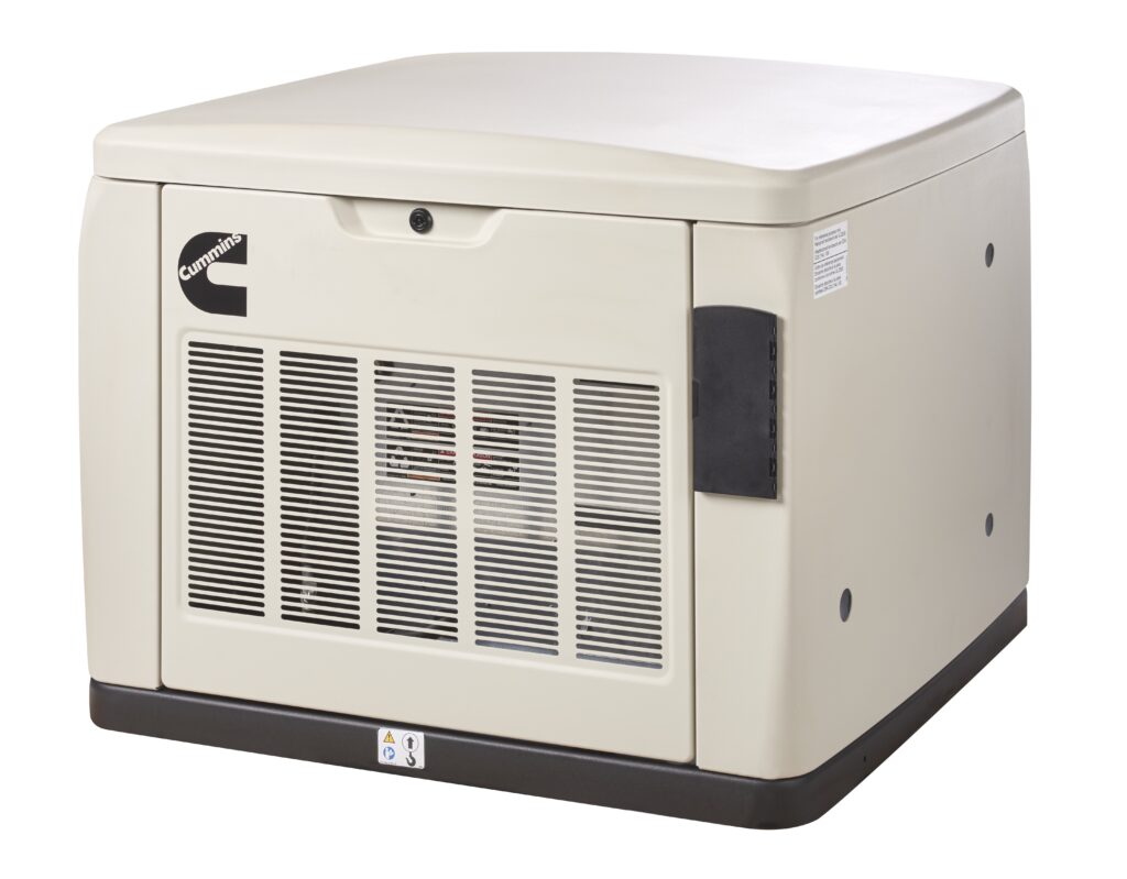 a picture of the exterior of a Cummins residential generator. It is a tan color with air intake vent visible on the front surface and a Cummins logo above the vent, aligned with the left edge of the vent.