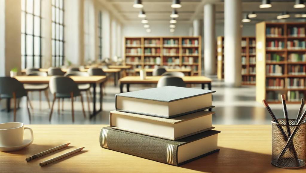 stack of three books in the foreground on a table with a coffee cup and pencils to the side. In the background are library stacks and various empty tables and chairs. The room is lit by overhead drum lamps and a wall of windows on the left.